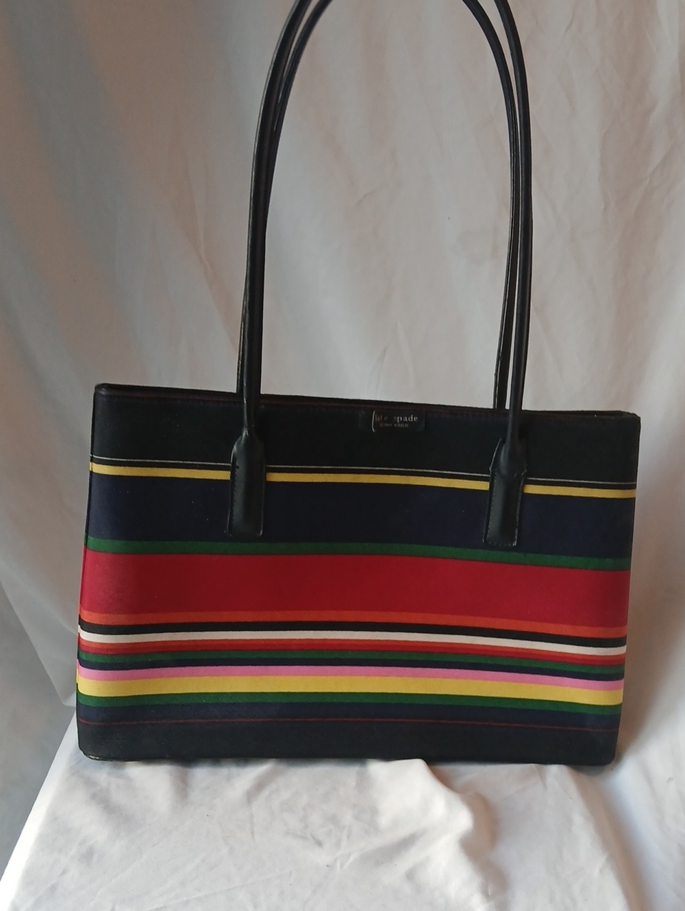 kate spade Multicolor Striped Canvas Tote with Black Handles